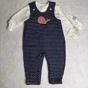 Vtg Buster Brown Stripe Overalls Whale Outfit Set Boys 3-6 Months Blue White NWT